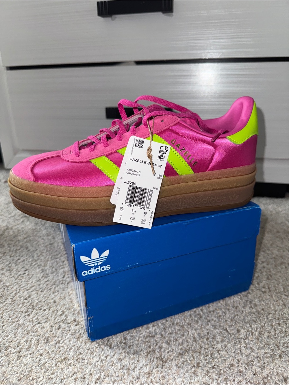 adidas Gazelle Bold W Pink with Neon Green Accents and Gum Platform